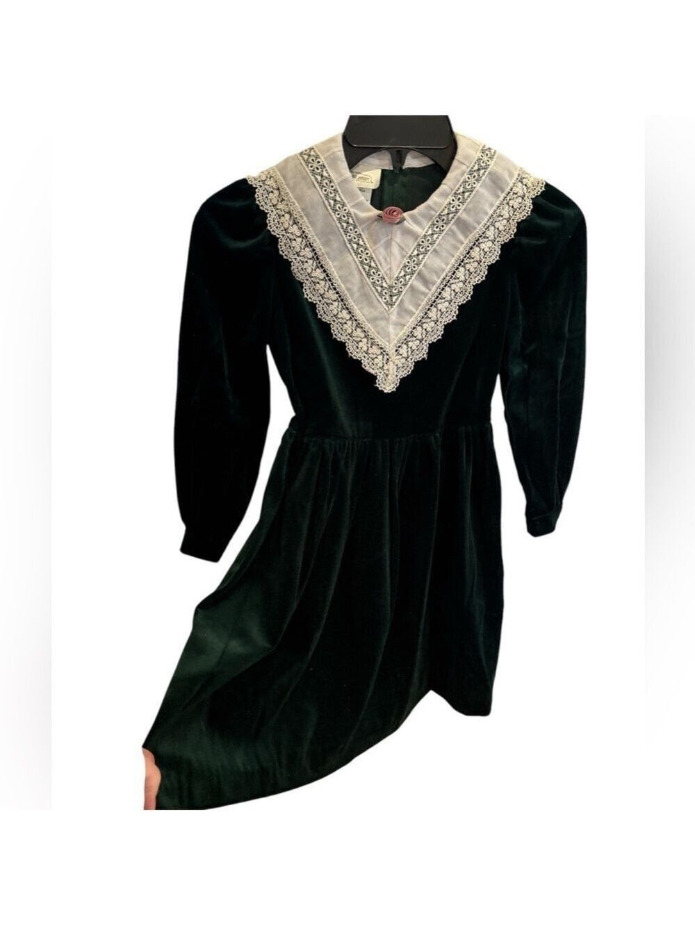 80s BONNIE JEAN GREEN VELVET MIDI DRESS W WHITE & LACE WIDE PEAKED COLLAR SZ 7 - Picture 4 of 7